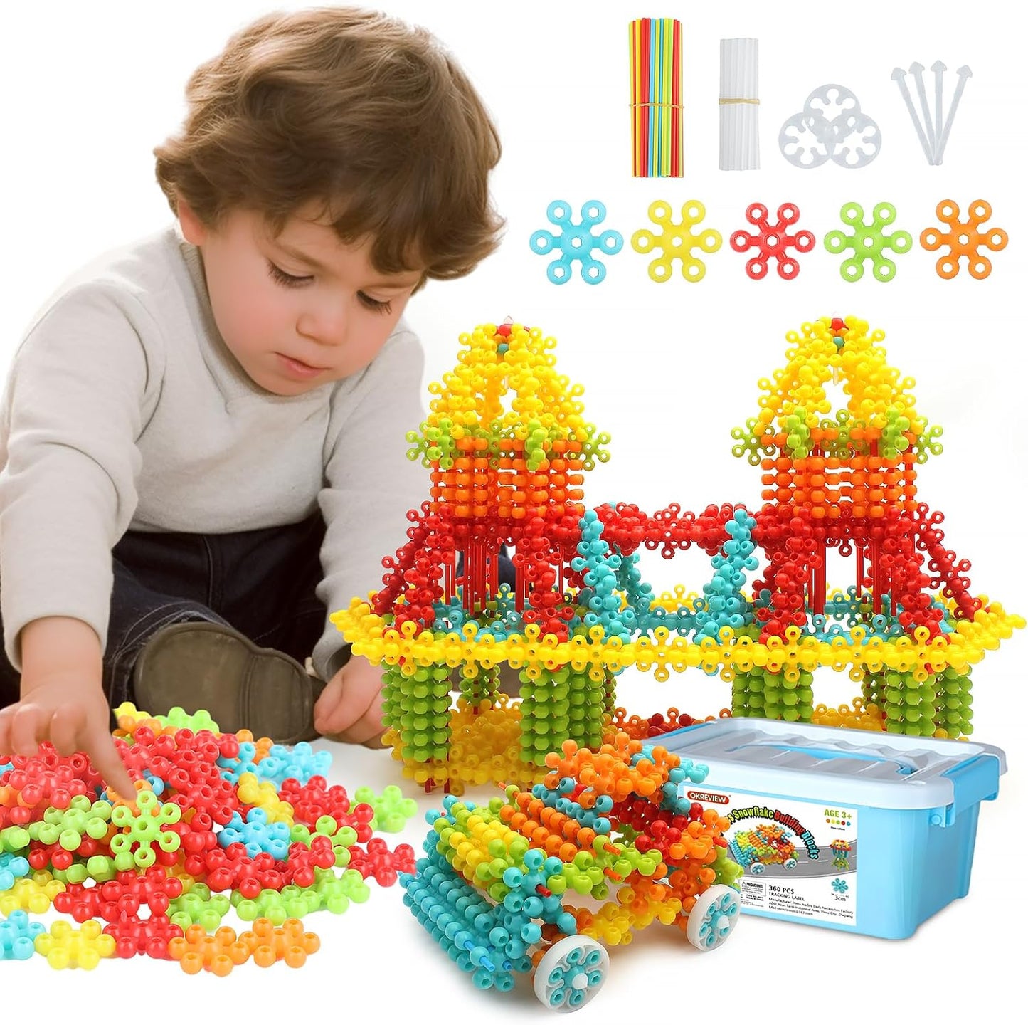 Mumma mall ColorSpark Building Blocks 🌈✨ (200pcs Block, 26 Color Stick, 6Pcs Wheels, 6Pcs Stick, 6Pcs Support Stick)